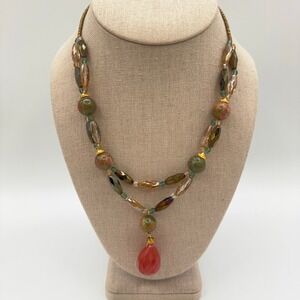 Essence Beaded Necklace Green Gold Boho Layered Teardrop Pendant Earth Statement